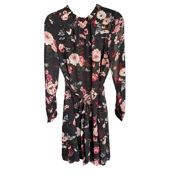 Ann Taylor LOFT Women's Black Floral Sheer Smocked Neck Dress Size 8 - Picture 2 of 5